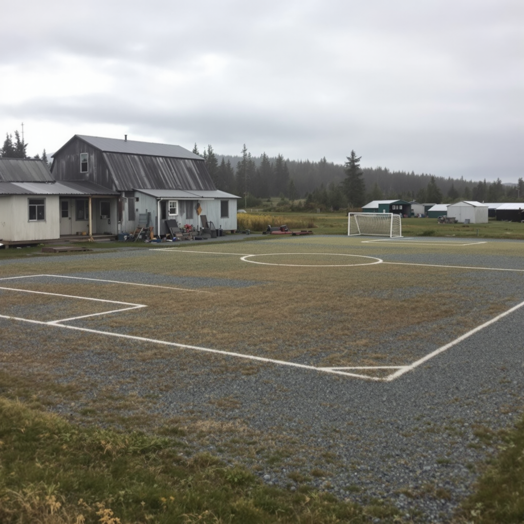 A makeshift soccer field with gravel and grass surface in a rural Alaskan village