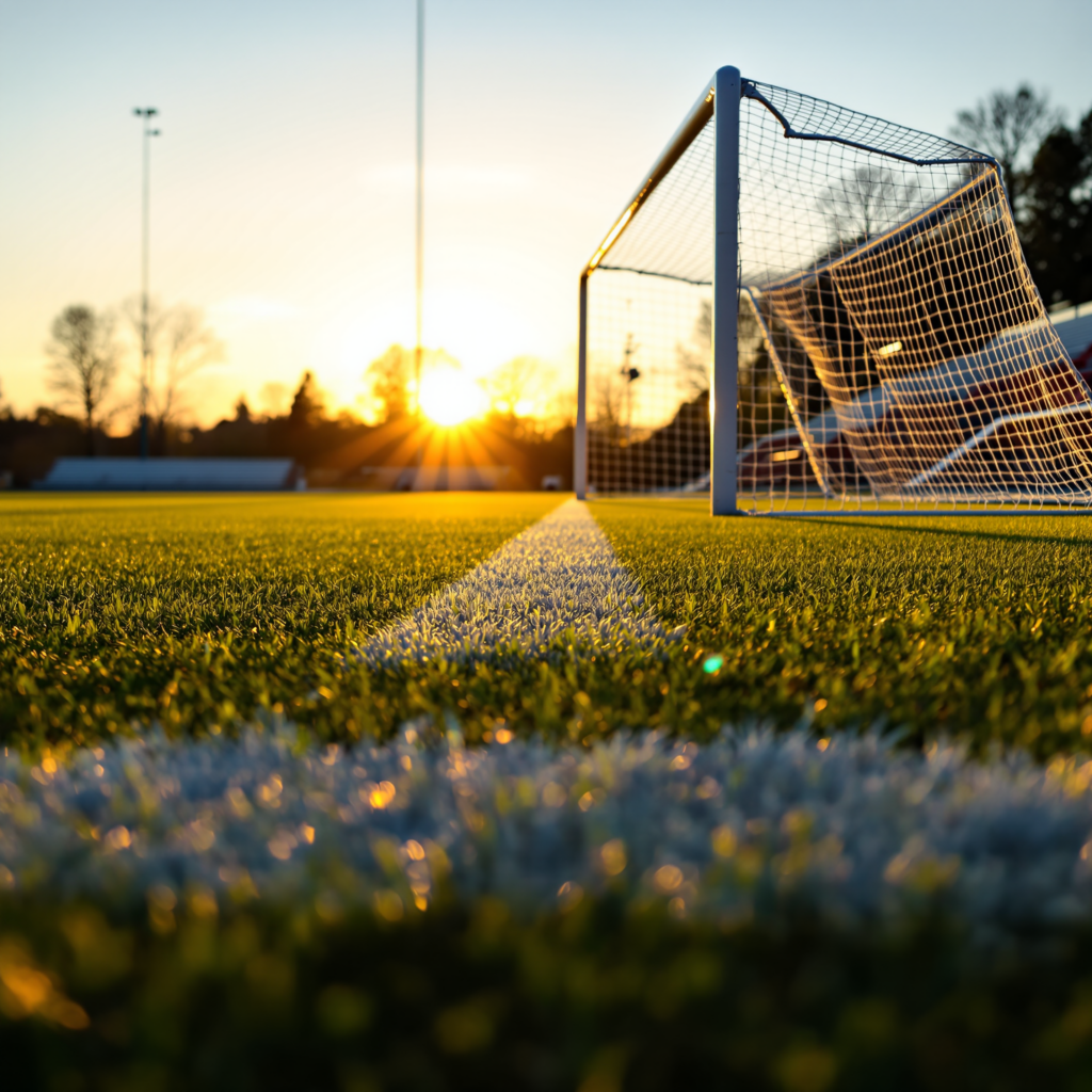 Soccer field at sunset with goal posts and bleachers
