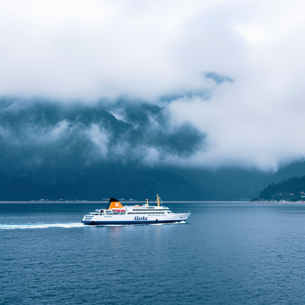 Ferry boat navigating Alaskan waters with coastal mountains in background