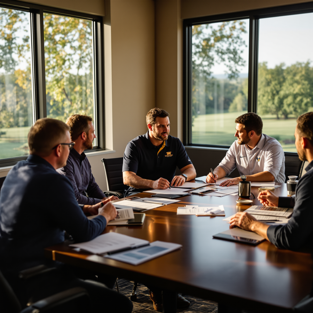 Group of coaches and administrators in discussion around conference table