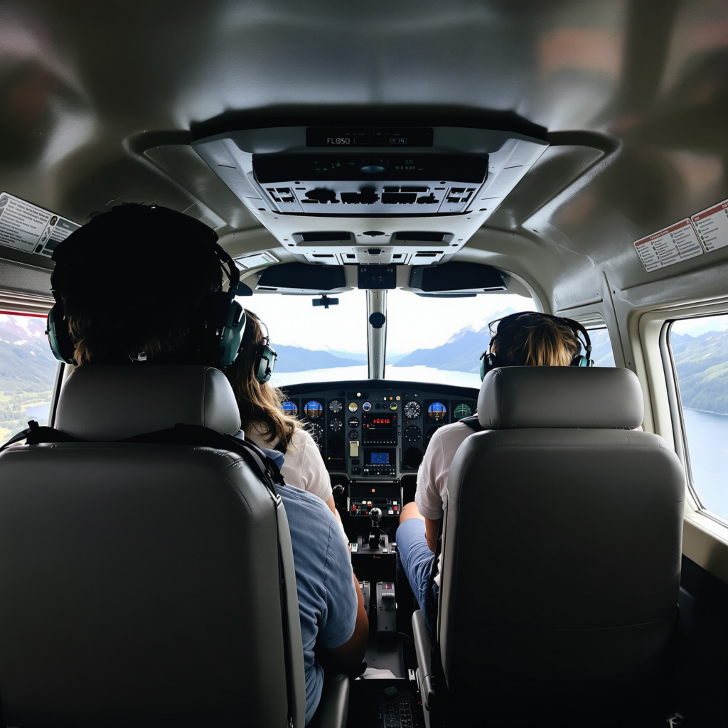 Interior view of small aircraft with Alaska wilderness visible below