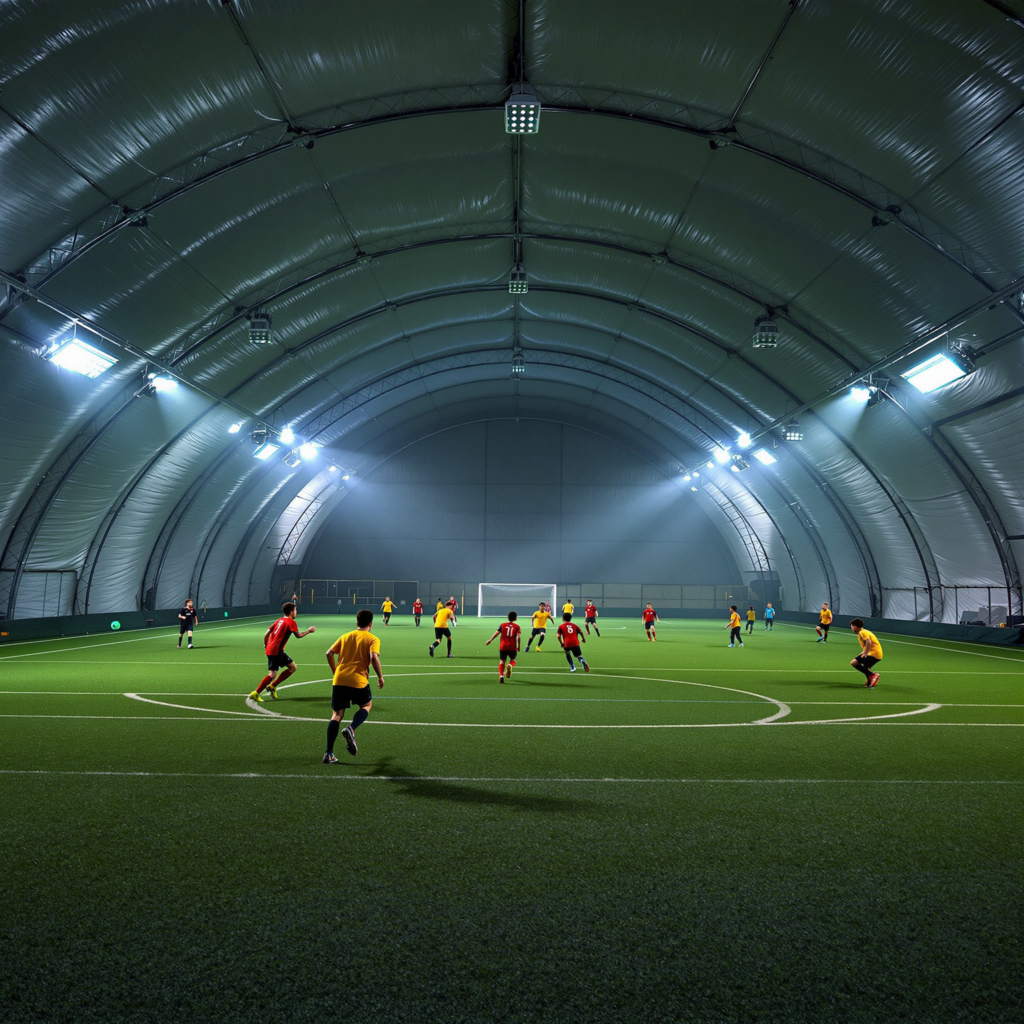 Youth players scrimmaging inside a large inflatable indoor soccer dome at night