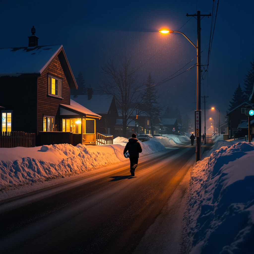 Teenager carrying a soccer ball walking through a dark snowy Alaskan street in the afternoon