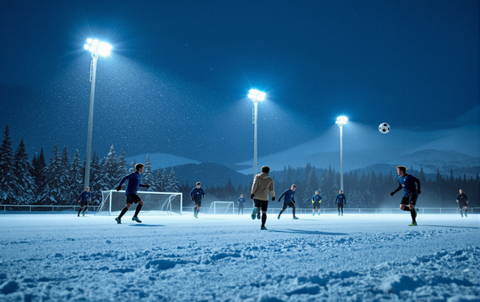 Teenage soccer players practicing on a snowy floodlit field at dusk in an Alaskan winter