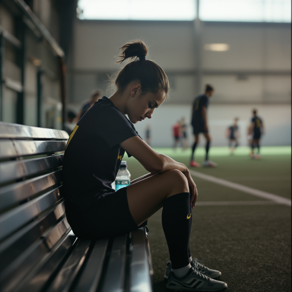 Young soccer player sitting alone on a bench inside an indoor turf facility