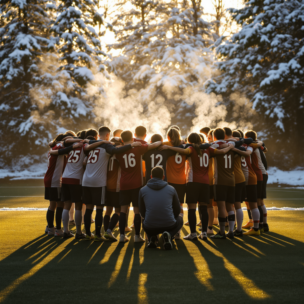 Youth soccer team huddled together in a circle on a cold field with low golden sunlight