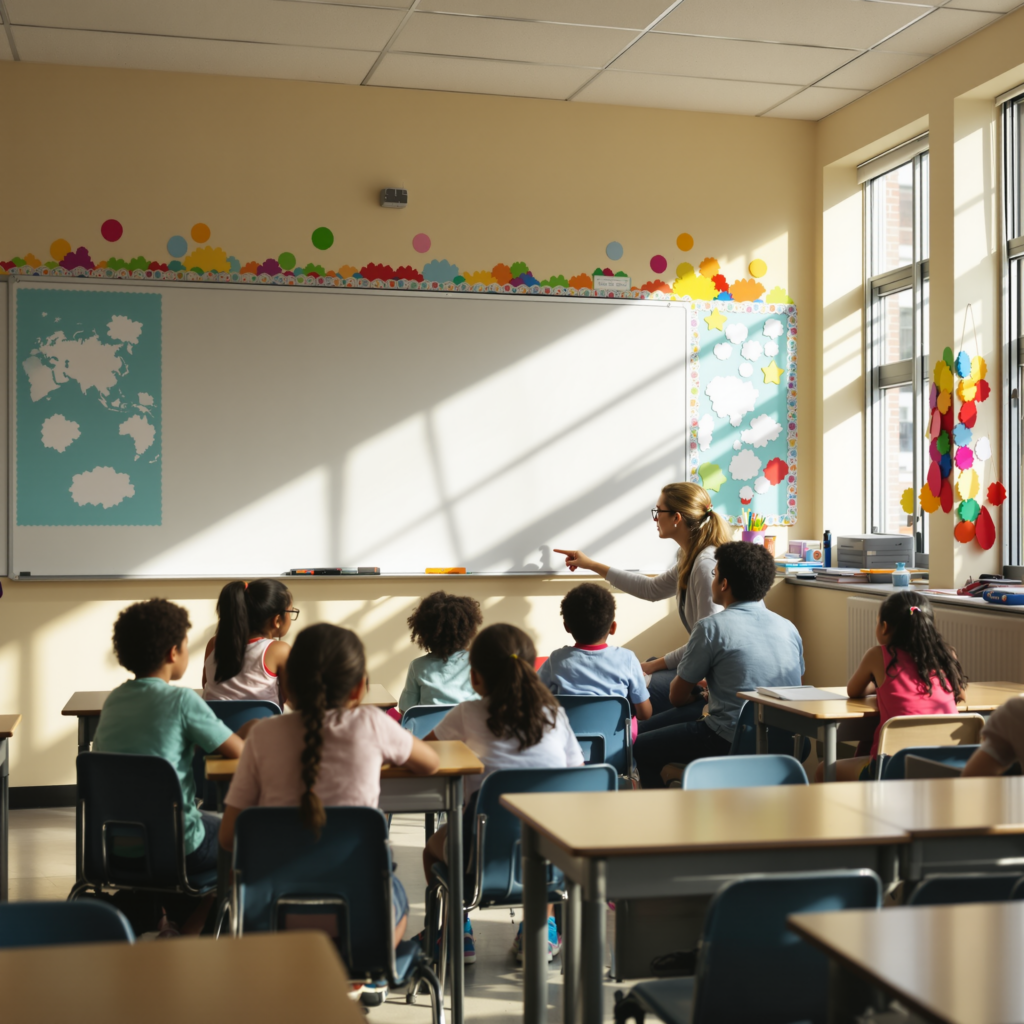 Teacher kneeling beside students from different backgrounds in a sunlit classroom
