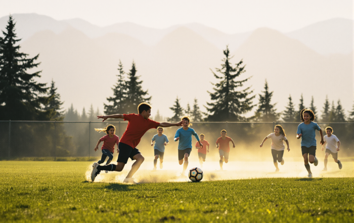 Children of many ethnic backgrounds playing soccer on a grassy field with snowy mountains in the distance