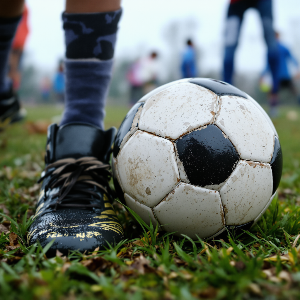 A worn soccer ball and cleats resting on dewy grass with blurred children in the background