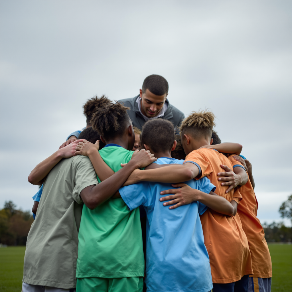 A youth soccer team of children from different backgrounds huddled together with their coach