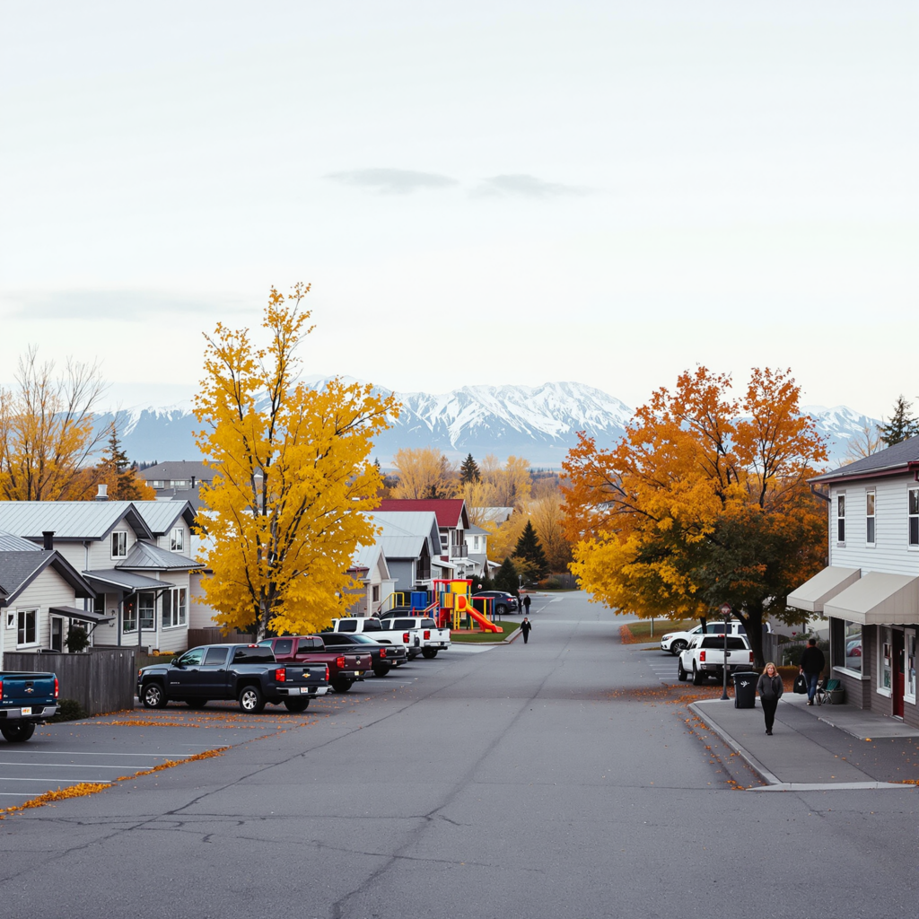 A quiet residential street in a diverse neighborhood with birch trees and distant snowy mountains