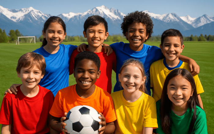 Young soccer players in team uniforms standing together on a field with mountains in the background