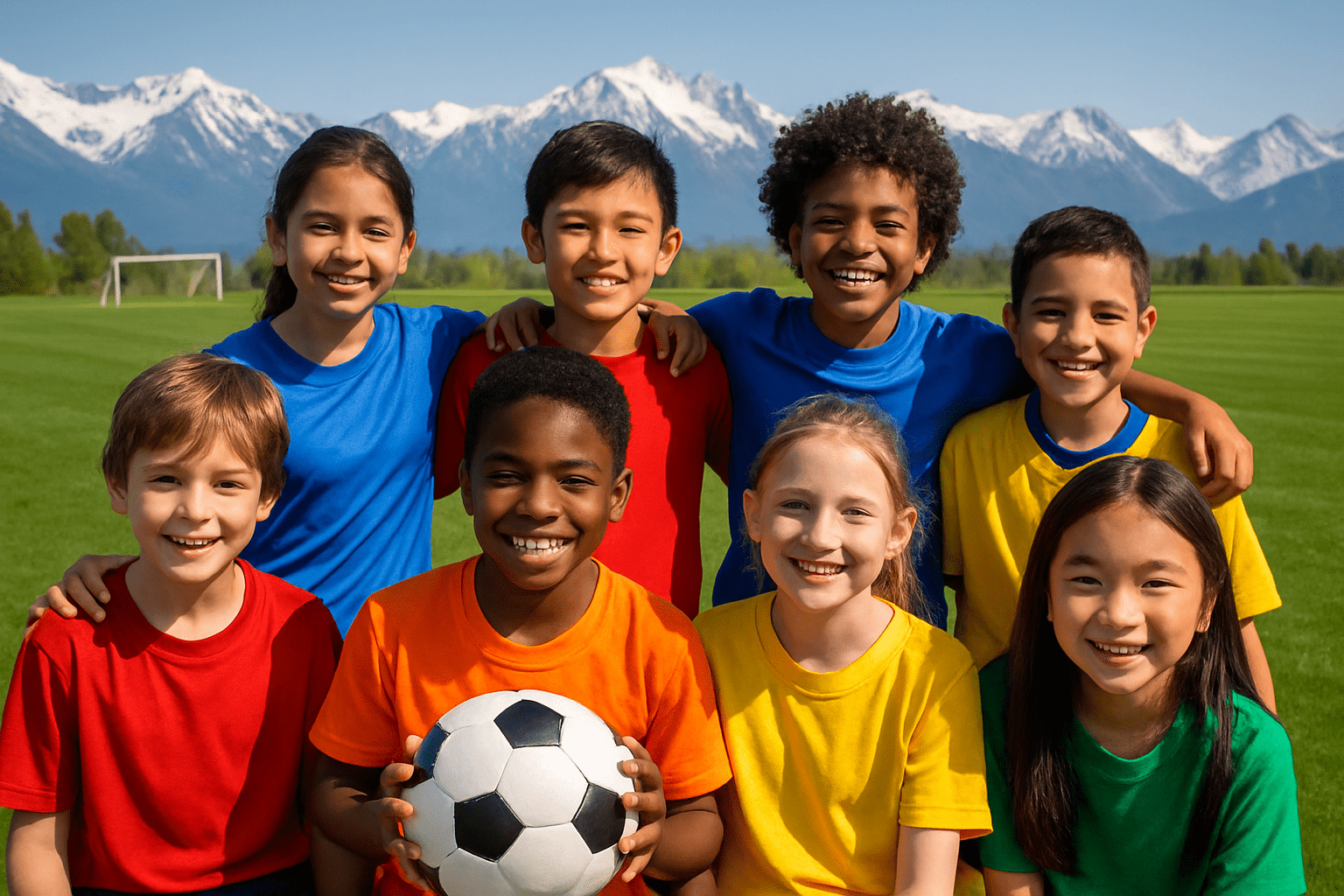 Young soccer players in team uniforms standing together on a field with mountains in the background