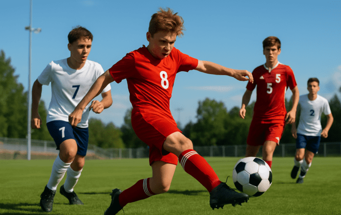 Youth soccer players competing in an intense match on a grass field