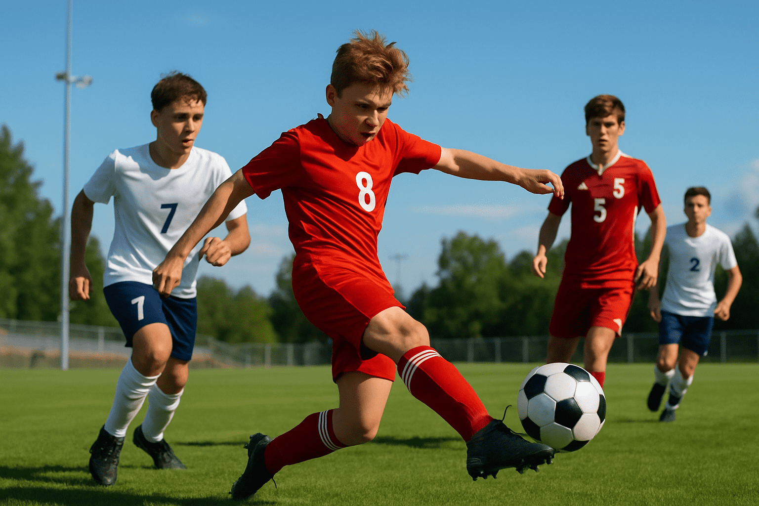 Youth soccer players competing in an intense match on a grass field