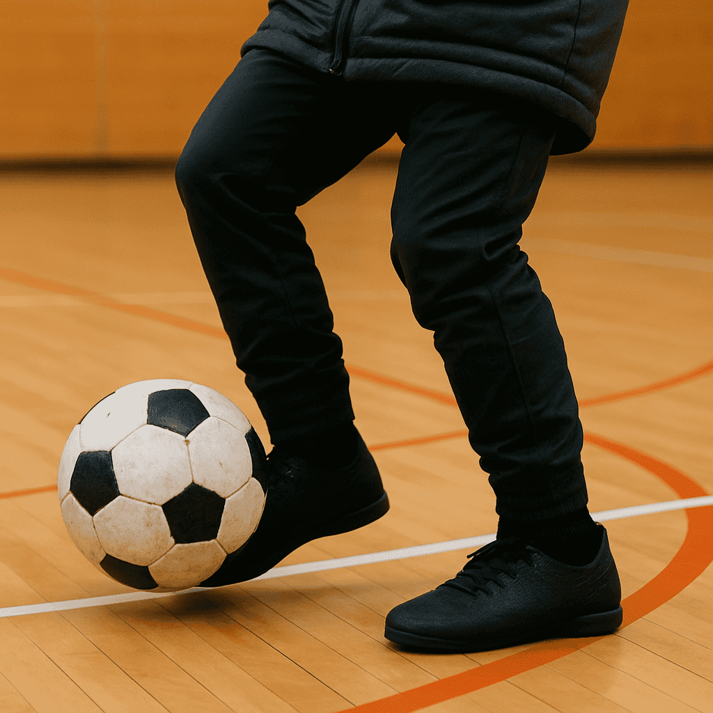 Soccer player demonstrating close ball control indoors on a gymnasium floor