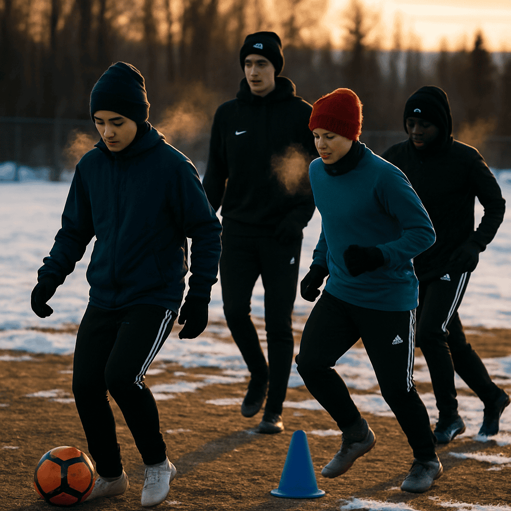 Alaskan soccer team practicing outdoors in cold weather with limited daylight and snow on ground