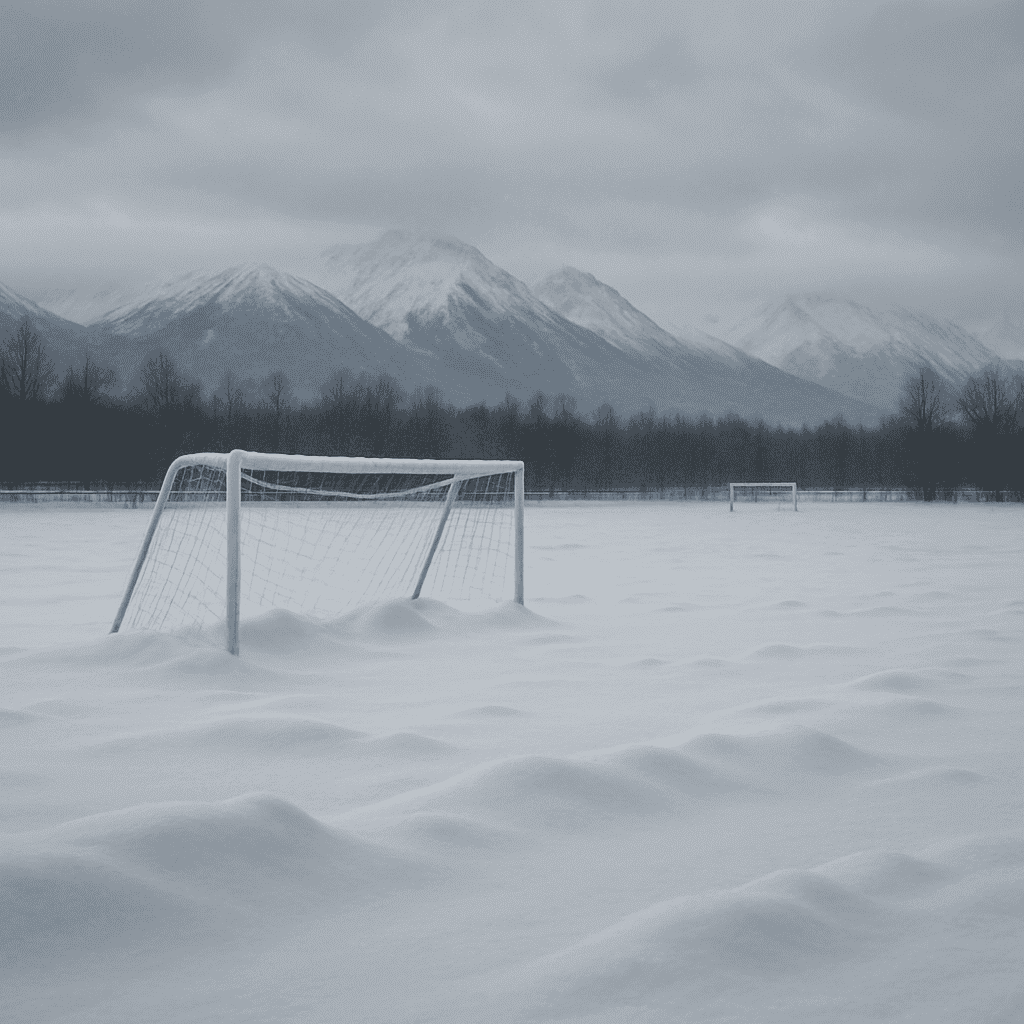 Snowy, frozen soccer field in Alaska completely covered in deep snow during winter