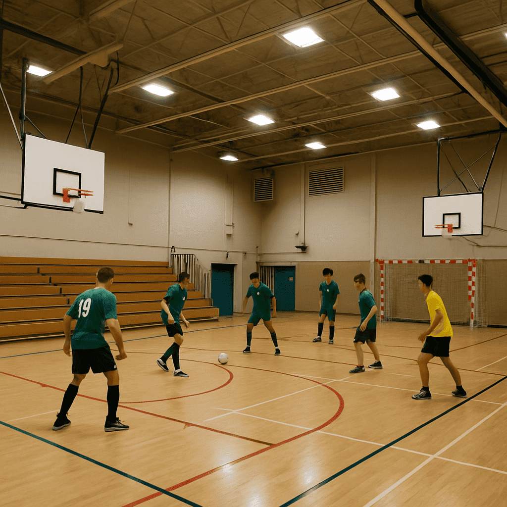 High school gymnasium adapted for soccer practice with basketball infrastructure visible