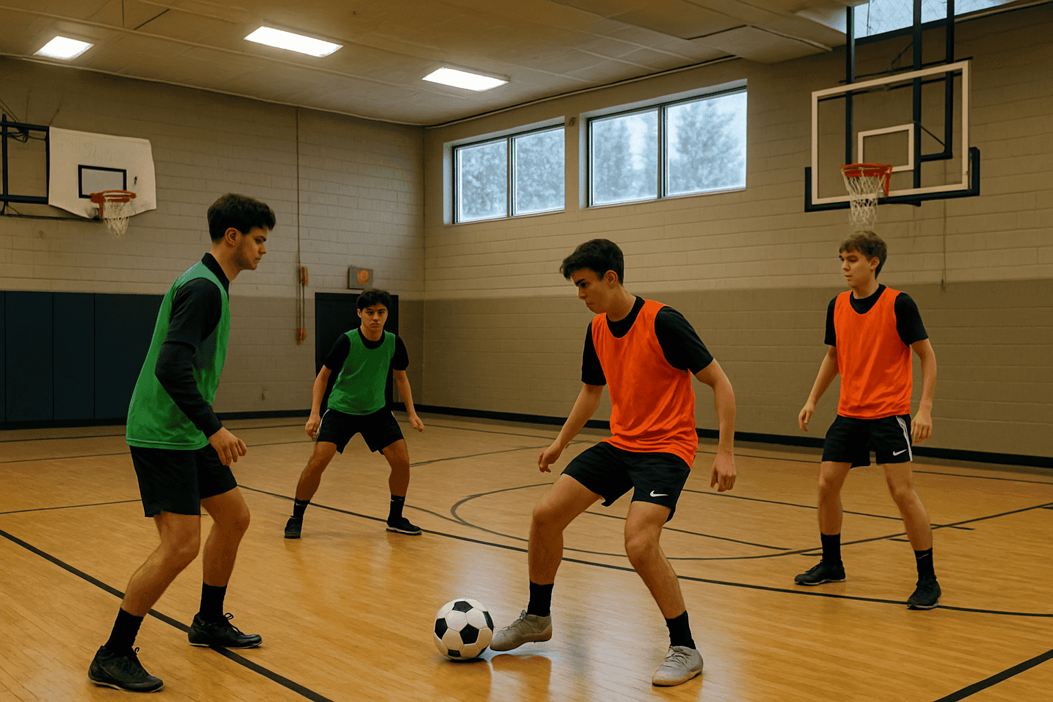 Alaska high school soccer players training indoors in a gymnasium during winter with snow outside