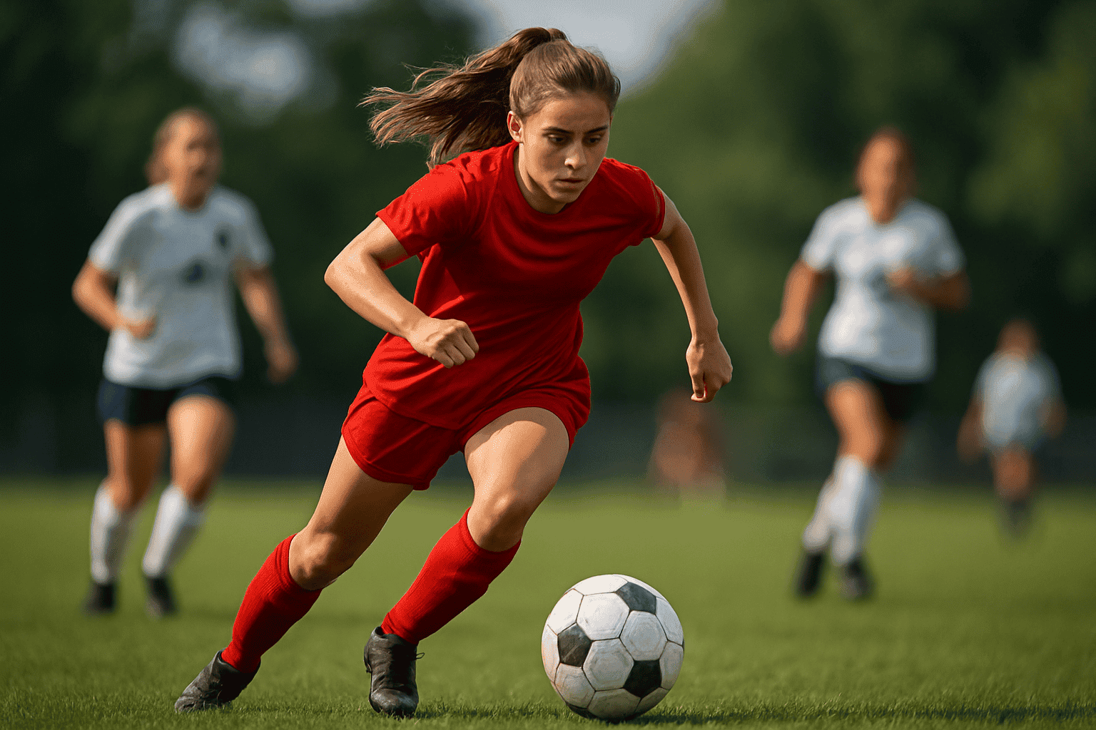Female soccer player in action, driving the ball downfield during a competitive match
