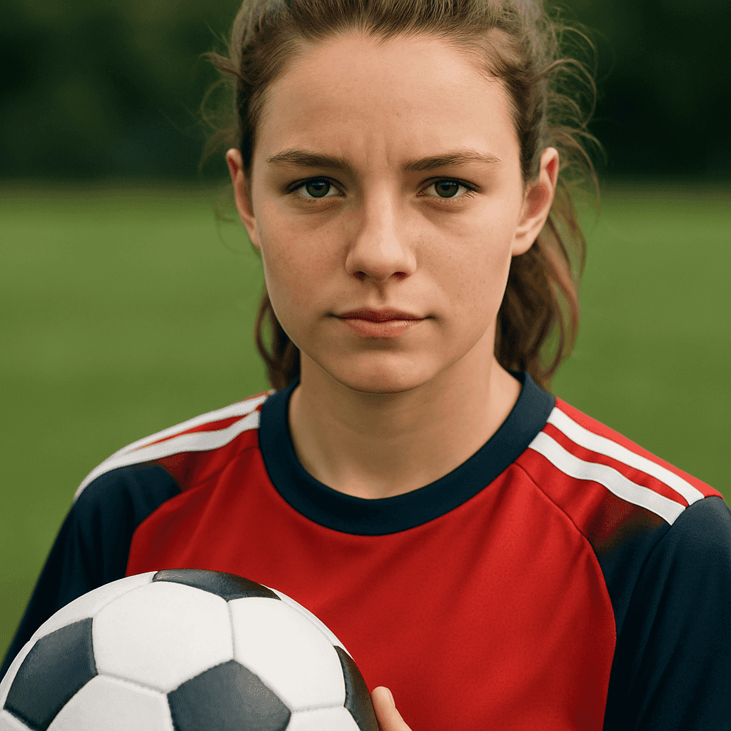 Portrait of a confident young female soccer player holding a ball