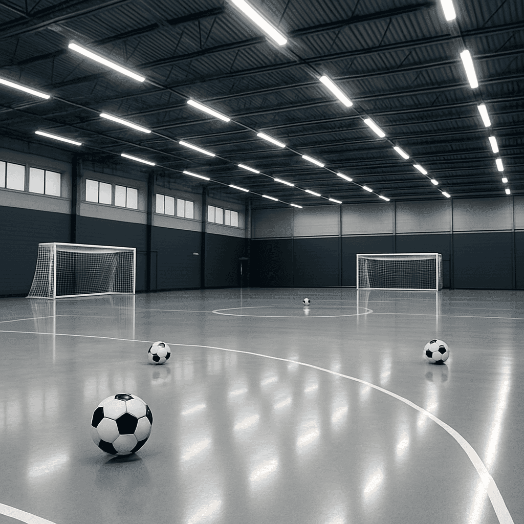 Interior of a modern indoor soccer training facility with professional setup