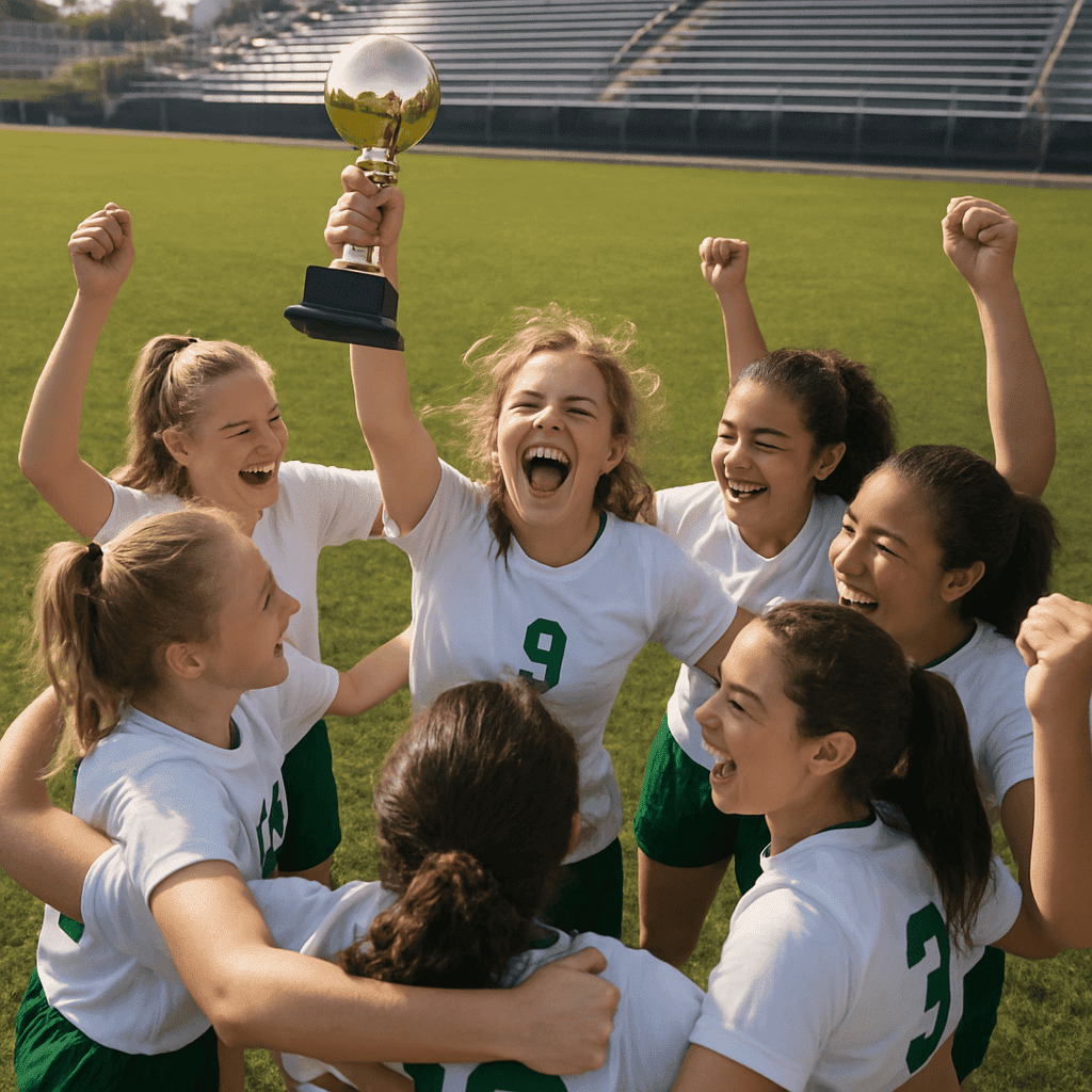 Girls soccer team celebrating together in a huddle after a championship win