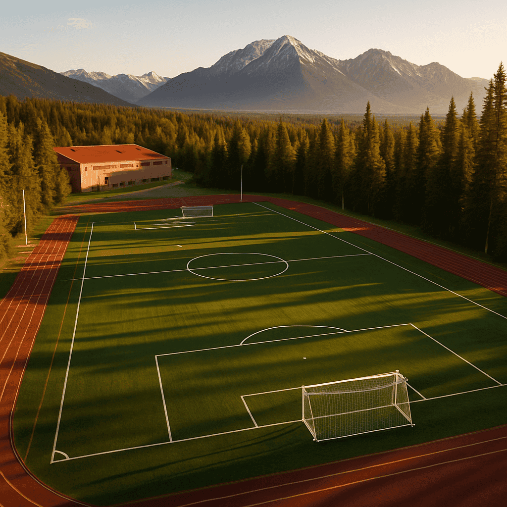 Alaskan high school soccer field with mountains and forests visible from above