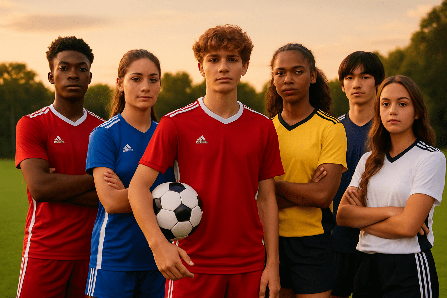 Young soccer players in team uniforms posing on a soccer field