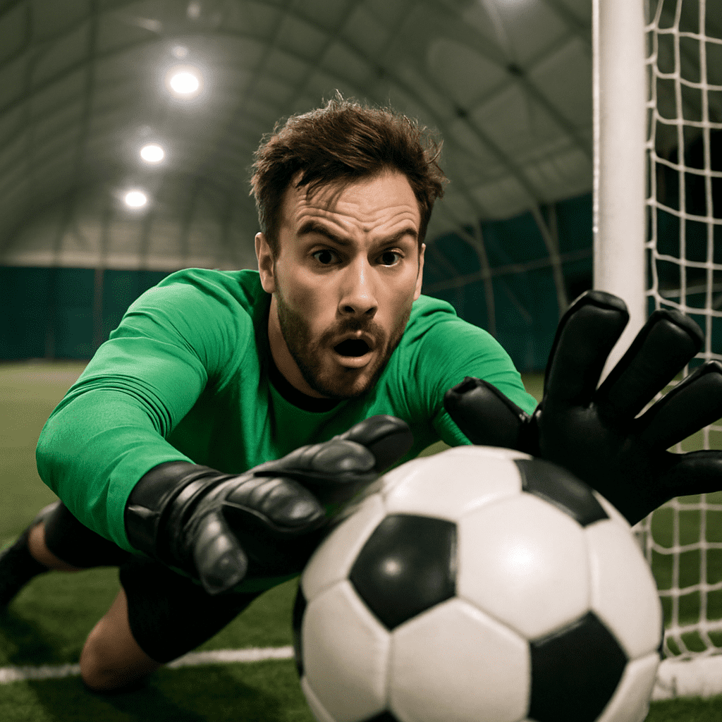 Goalkeeper mid-dive making a save during a soccer match