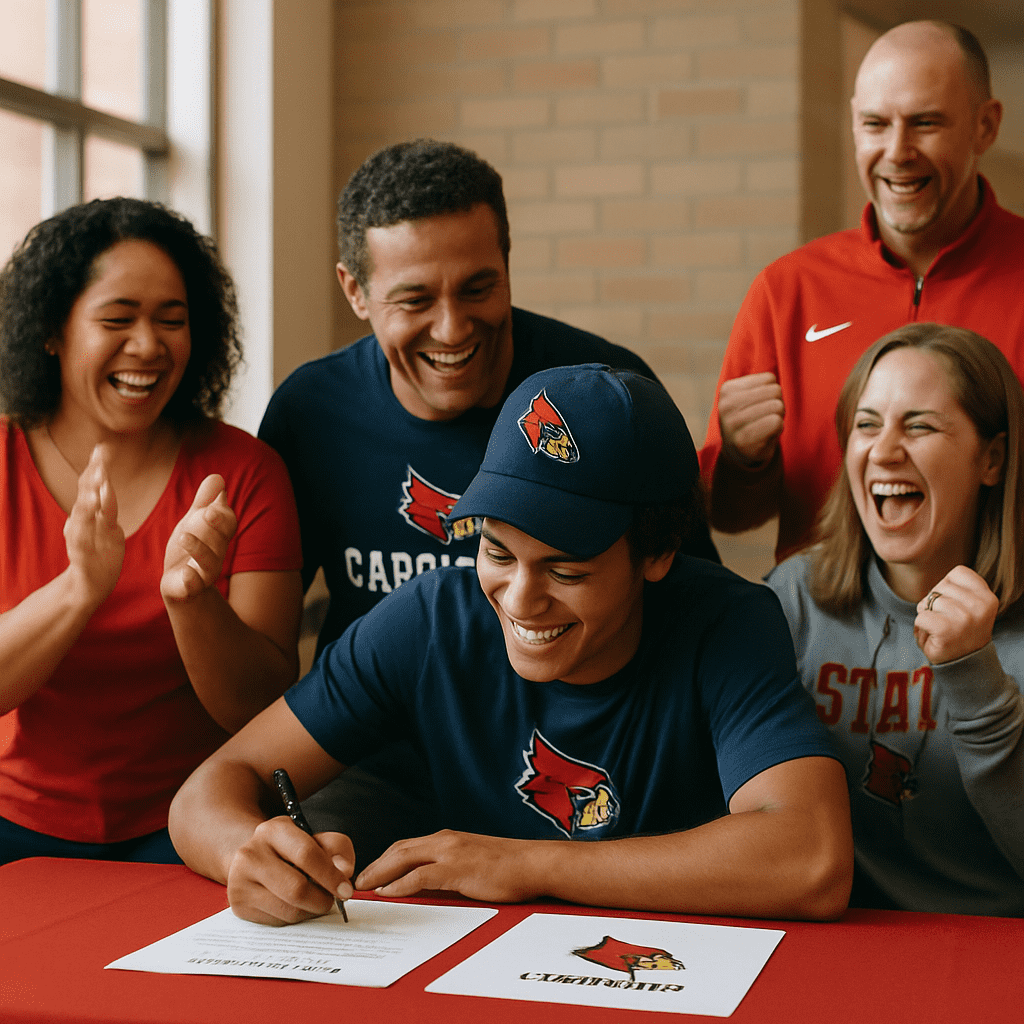 Student athlete signing college commitment papers with family present