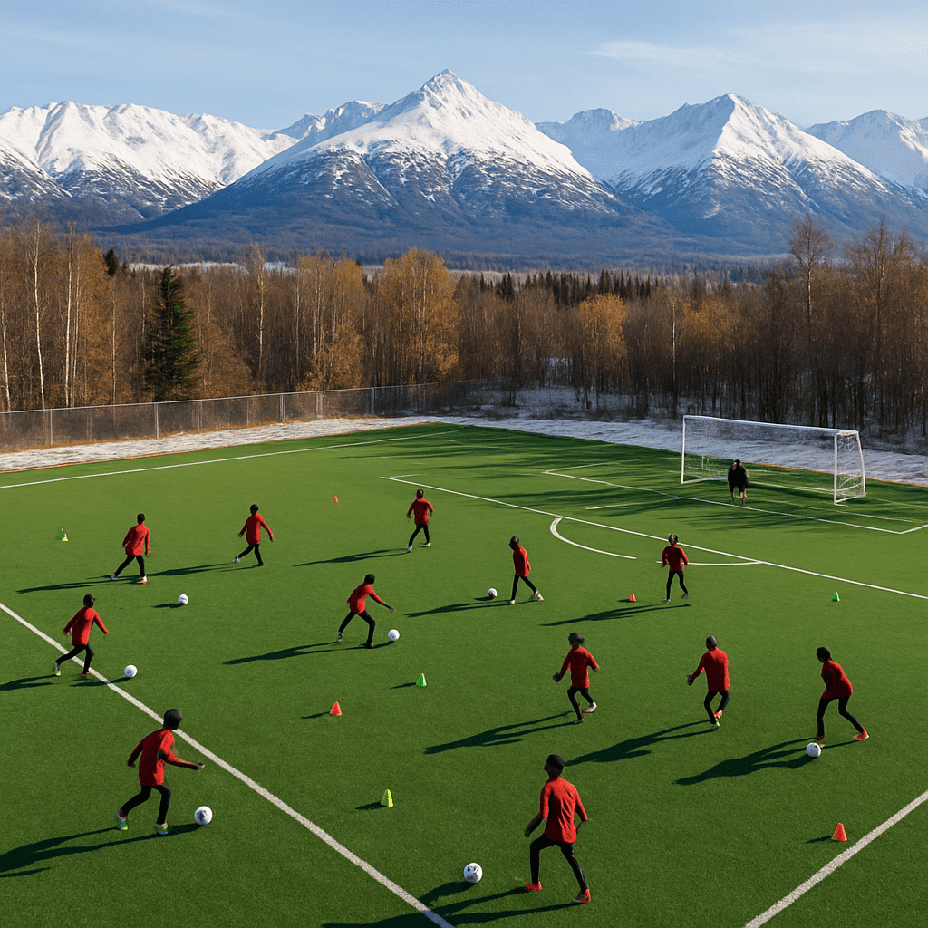 Youth soccer team training session with Alaskan landscape backdrop