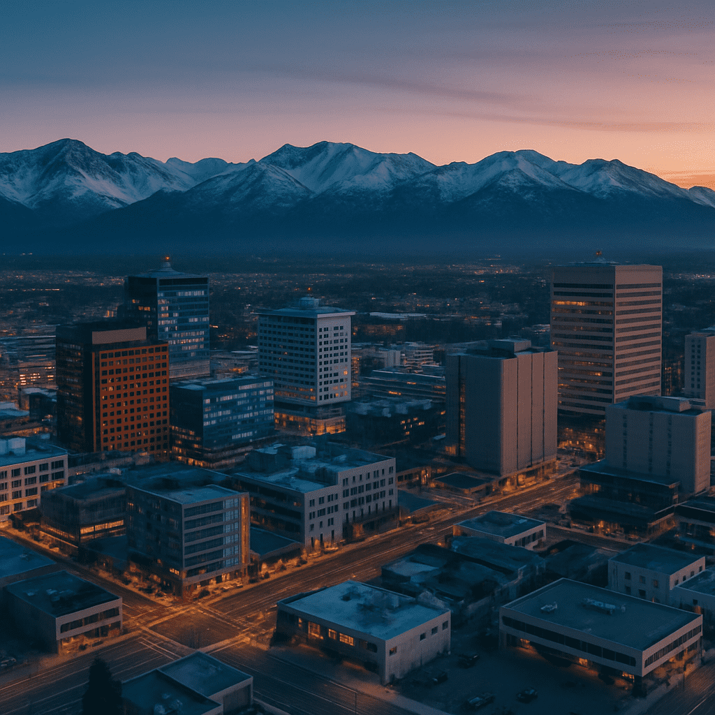 Anchorage city skyline with mountains at sunset
