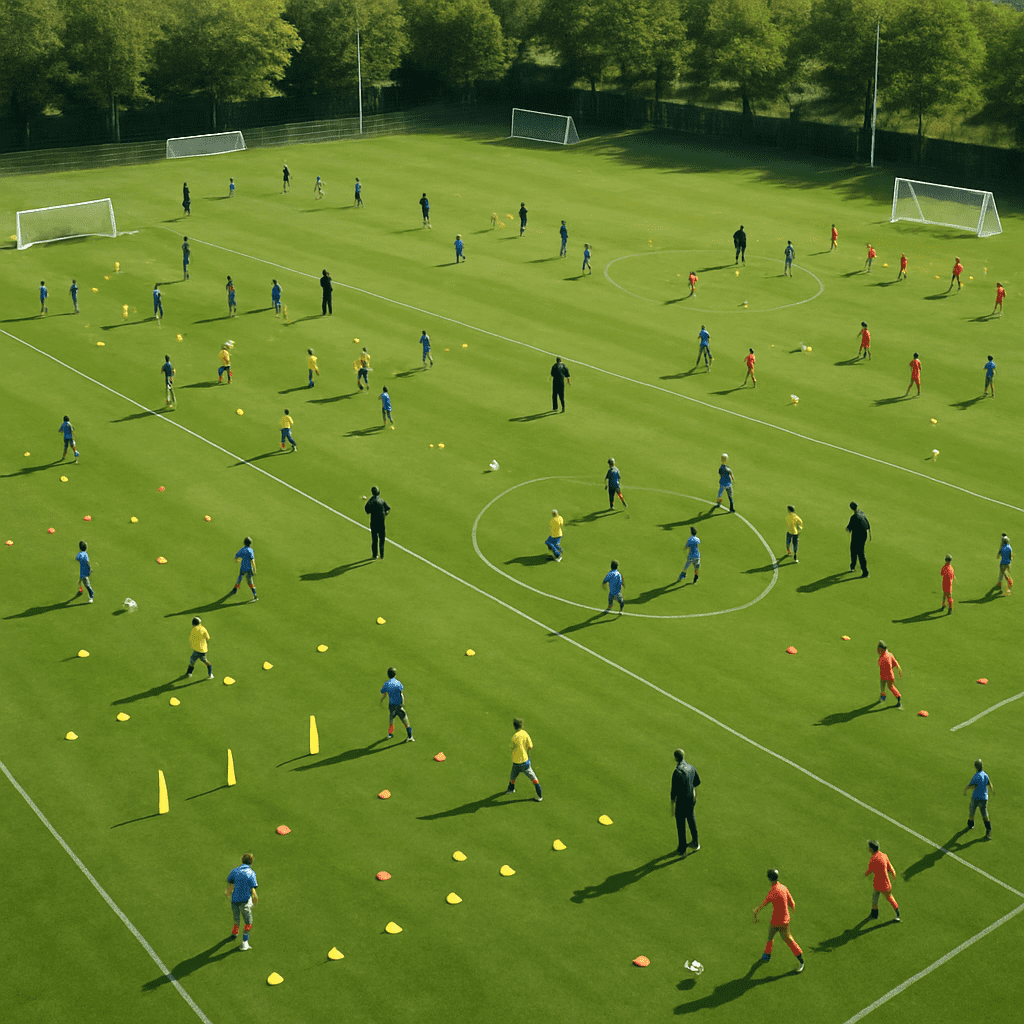 Youth soccer academy training fields with multiple young players practicing