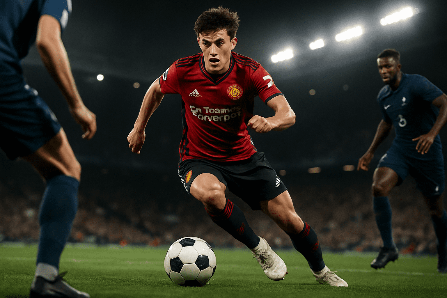 Young soccer player making an athletic move during a professional match