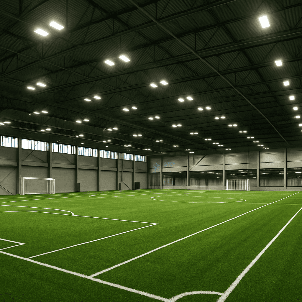 Interior of a modern indoor soccer facility with professional lighting and turf fields