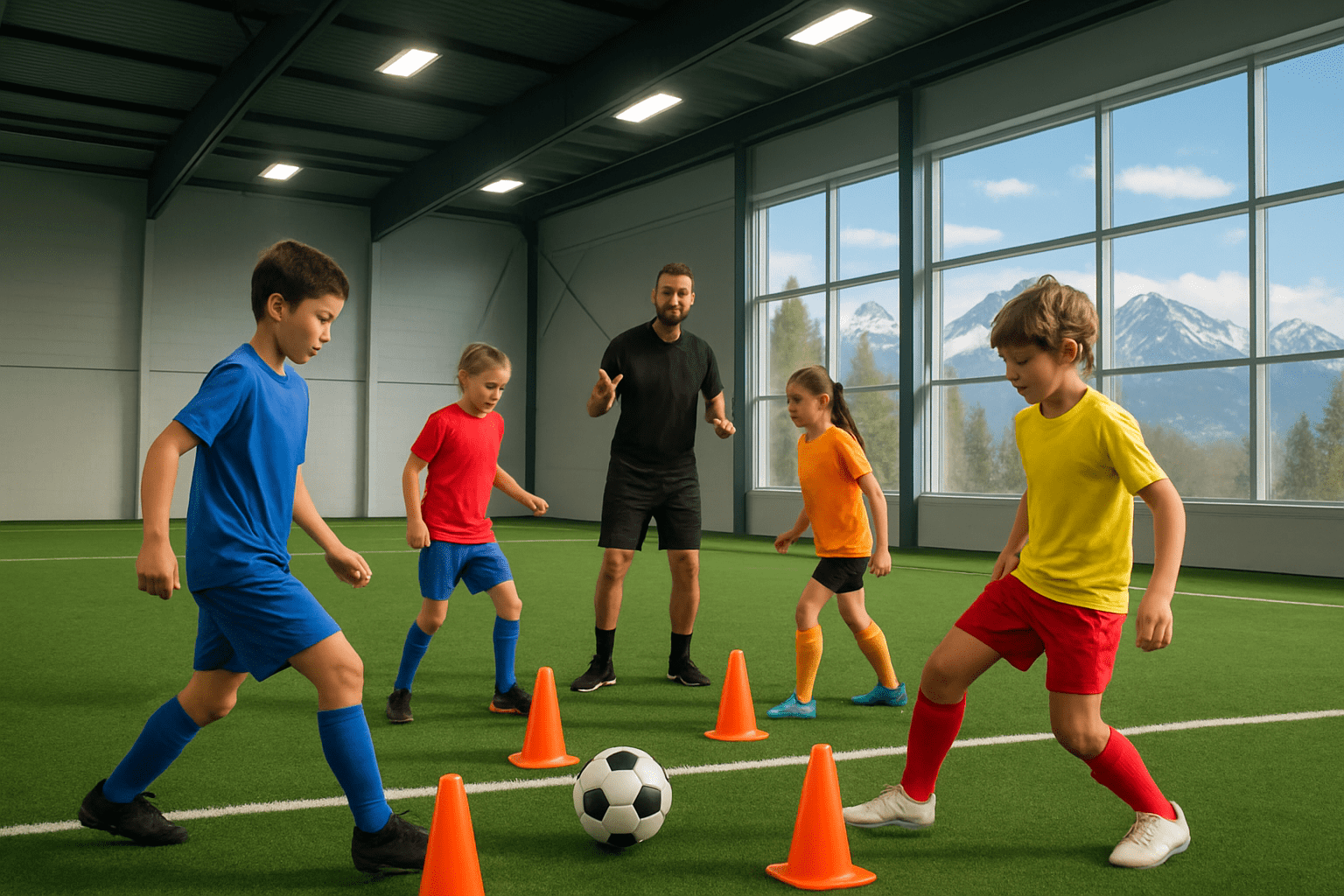 Youth soccer players training on an indoor field with a coach instructing during a passing drill