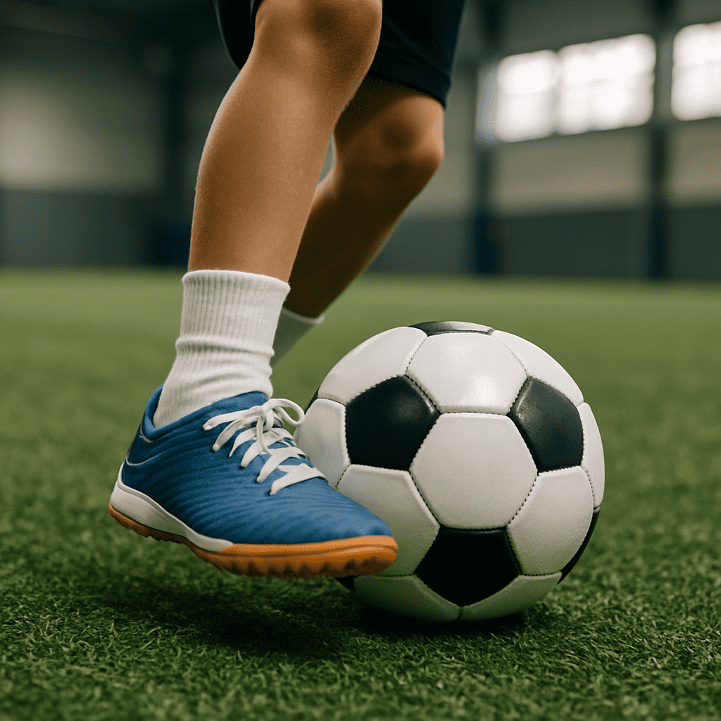 Close-up of a soccer player's feet controlling a ball during technical training