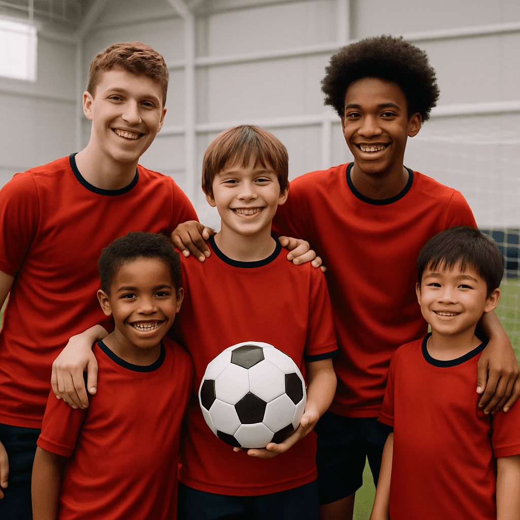 Young soccer players in academy uniforms standing together during a training session