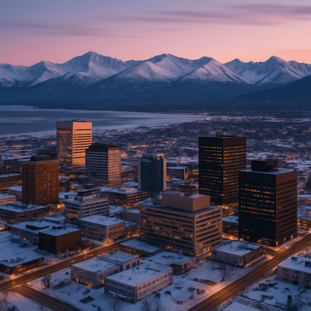 Aerial photograph of Anchorage with mountains and winter scenery