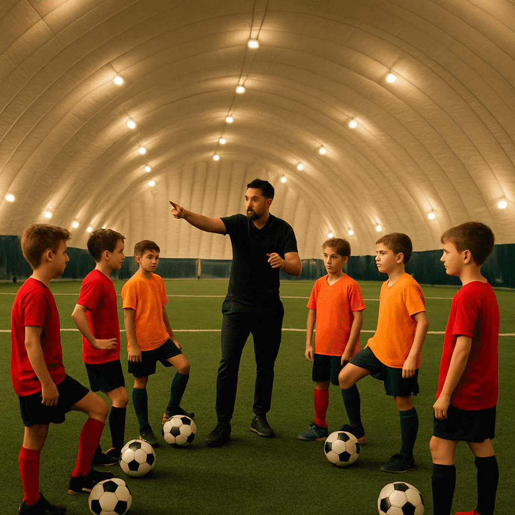 Coach leading youth soccer training drill in group formation inside indoor dome