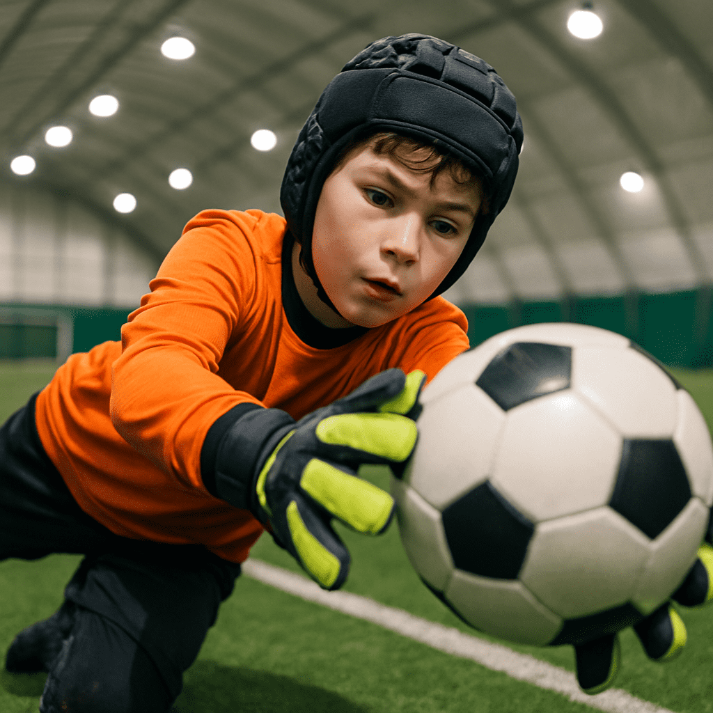 Soccer goalkeeper diving to make a save on indoor dome field