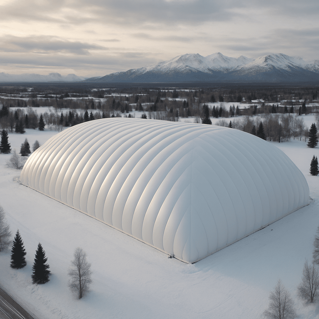 Large white sports dome facility in snowy Alaskan landscape with mountains in background