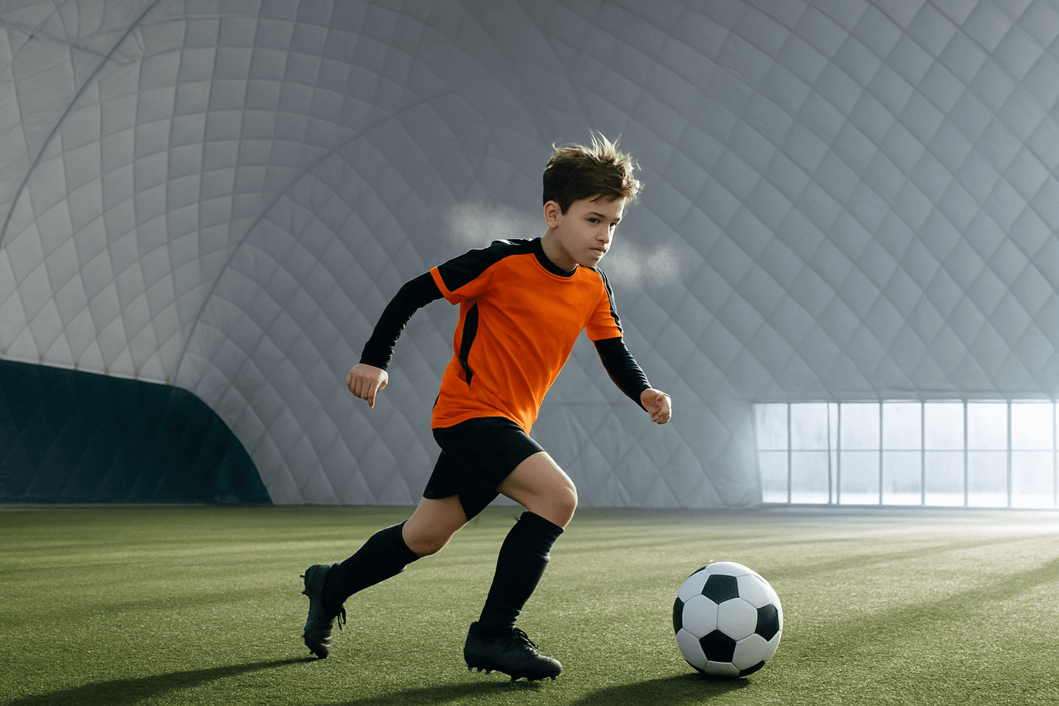 Soccer player dribbling ball inside a large indoor dome facility with curved ceiling