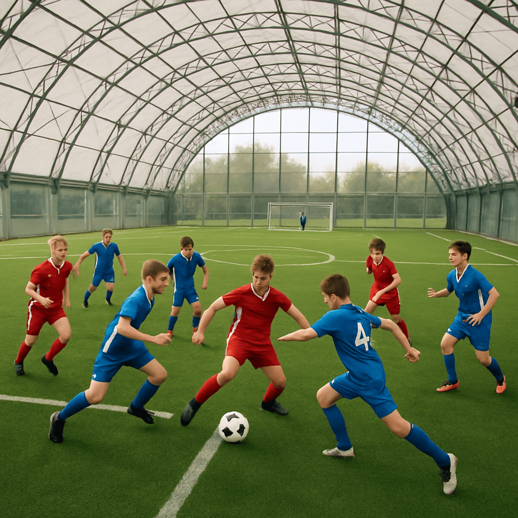 Youth soccer match in progress on field inside large sports dome facility