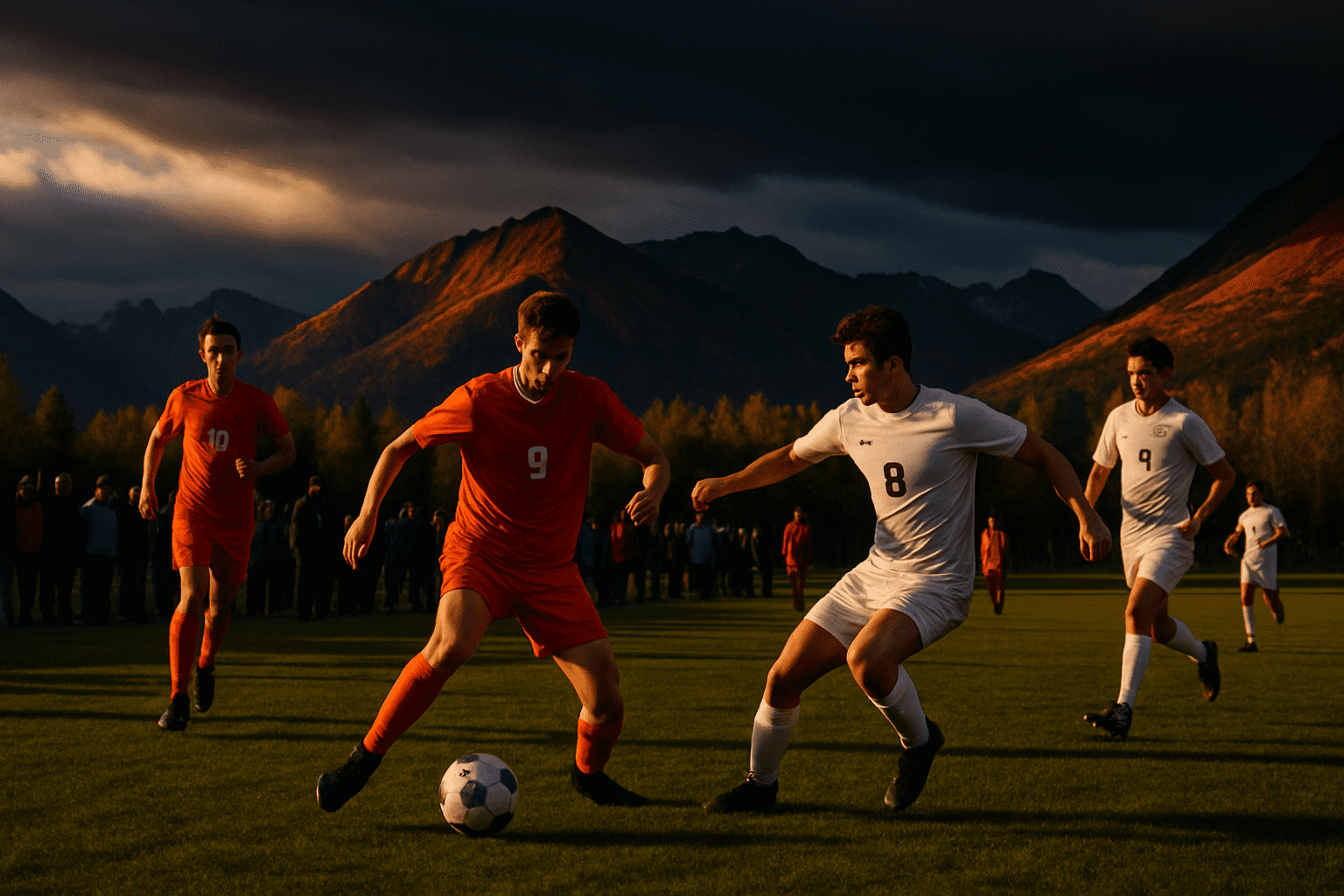 High school soccer players competing on an Alaskan field at dusk with spectators watching from the sidelines