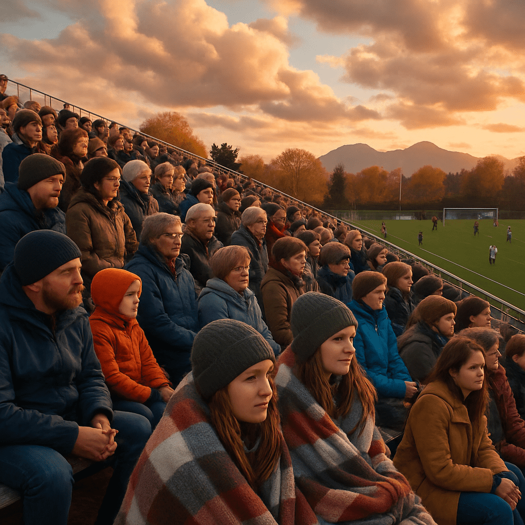 Crowd of bundled spectators watching a high school soccer game from bleachers in Alaska
