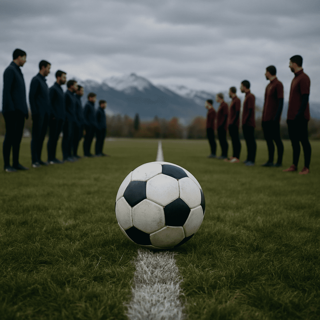 Soccer ball on midfield line with opposing team lineups visible in background during autumn conditions