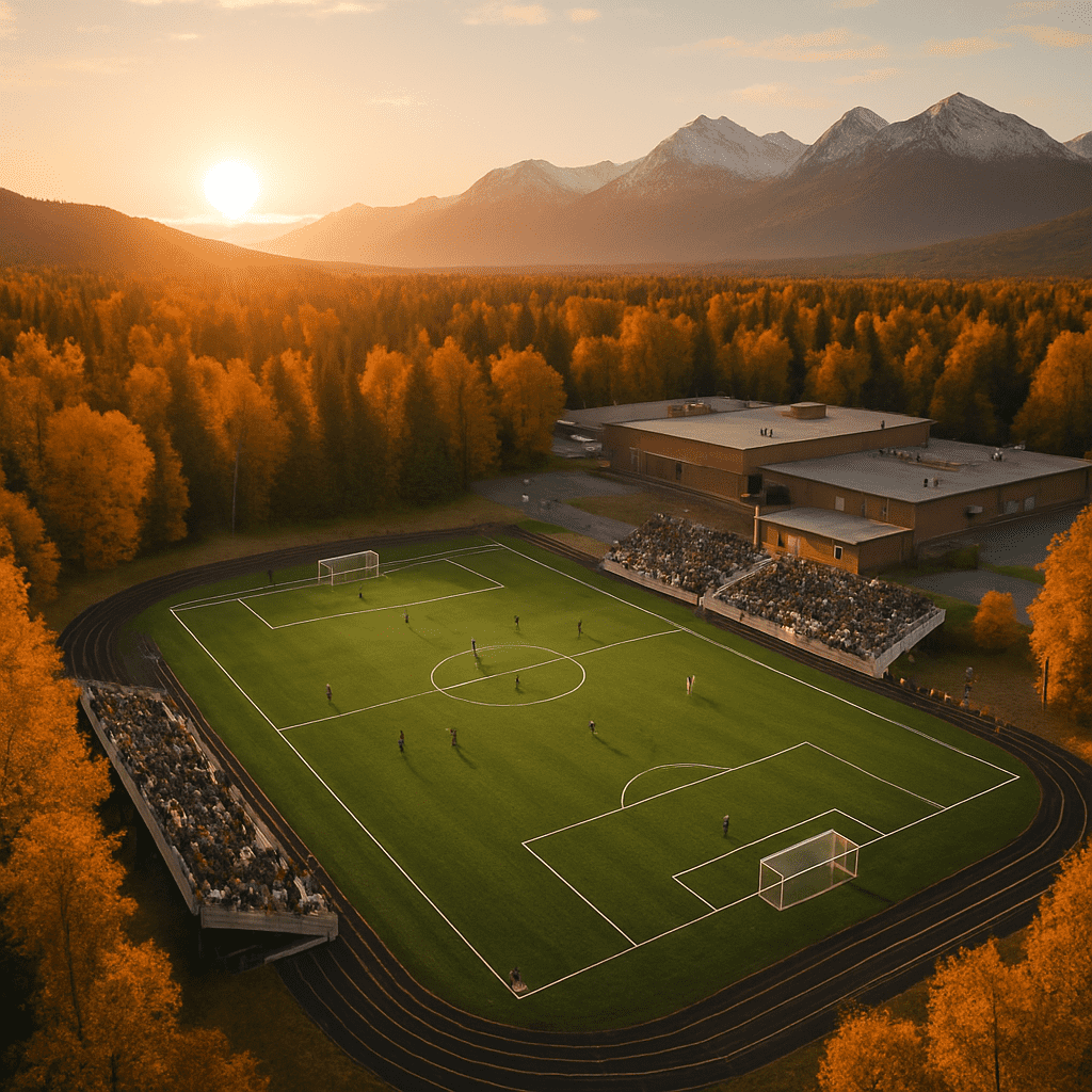 Overhead view of a high school soccer field surrounded by Alaskan landscape and autumn scenery